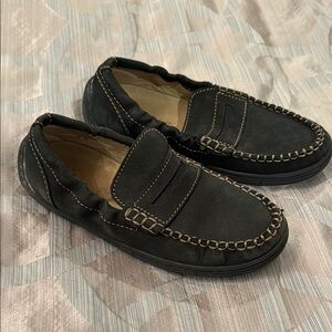 Black Leather Loafers with Chain Detail
